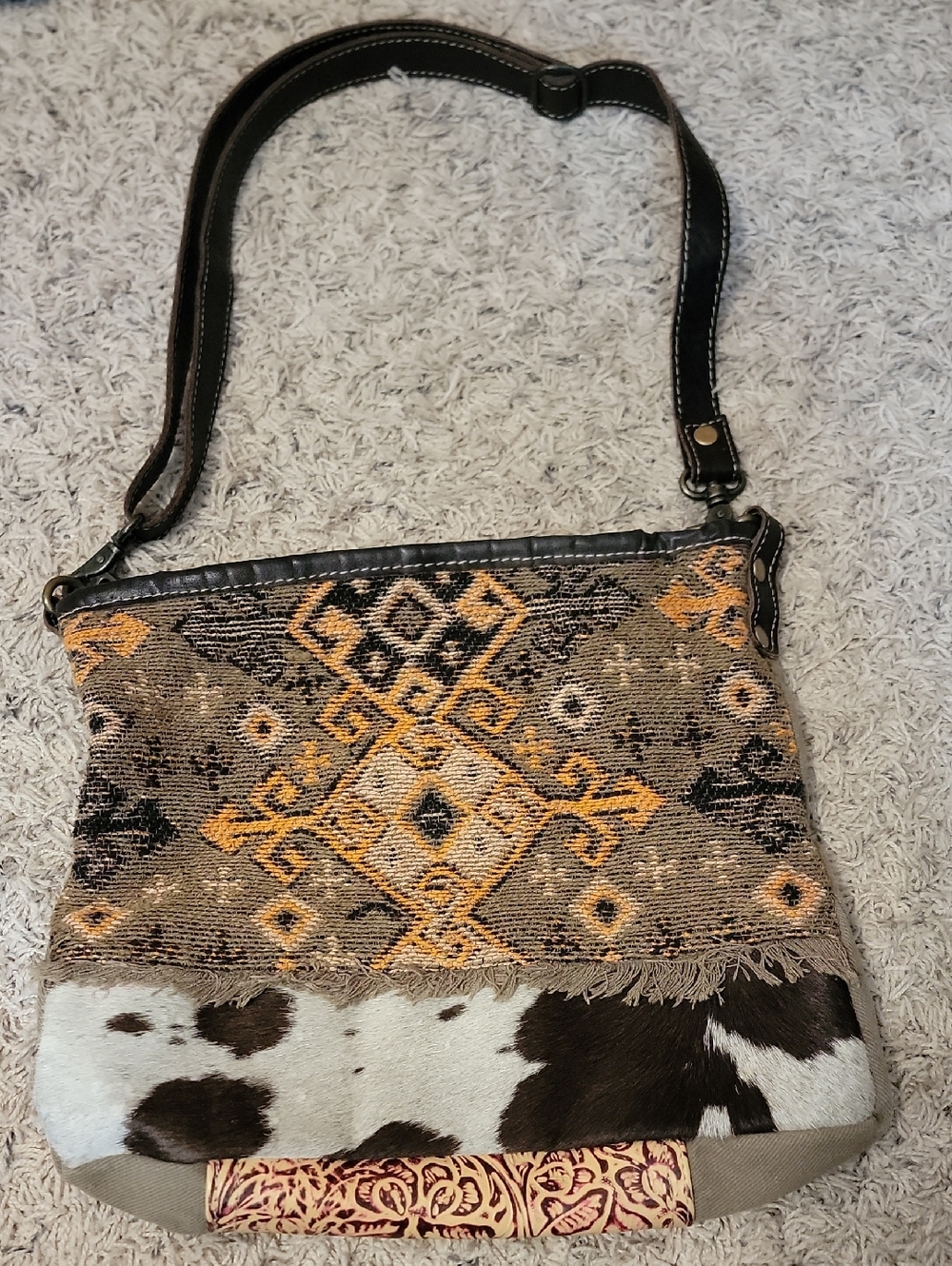 Myra Bag Brown and Cream Boho Crossbody with Cowhide Accent